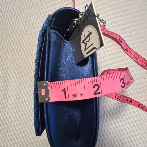 Jessica McClintock Navy Satin Pleated Clutch with Rhinestone Detail and Chain - Picture 8 of 9